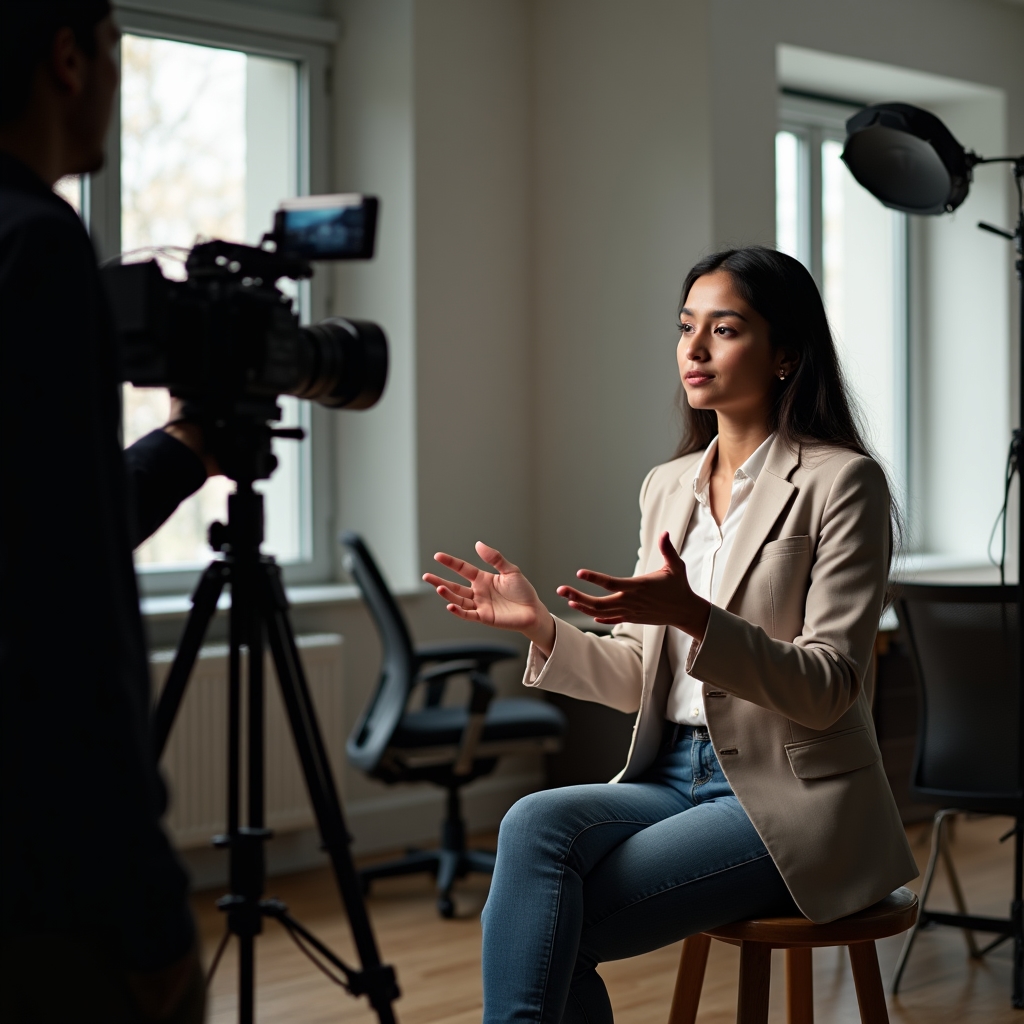 Sesiune de filmare individuală în timpul atelierului de storytelling, camera video montată pe trepied